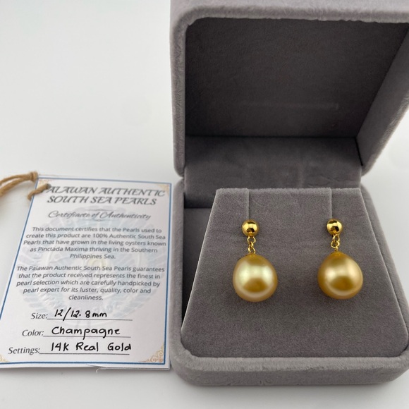 Authentic South Sea Pearl Drop Earrings (Champagne) 12–12.8mm | 14K Gold - Picture 5 of 9